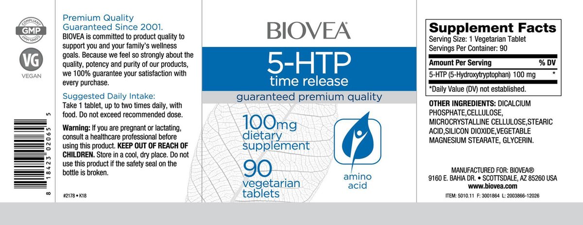 BIOVEA  5-HTP (Time Release) 100 mg / 90 Tablets