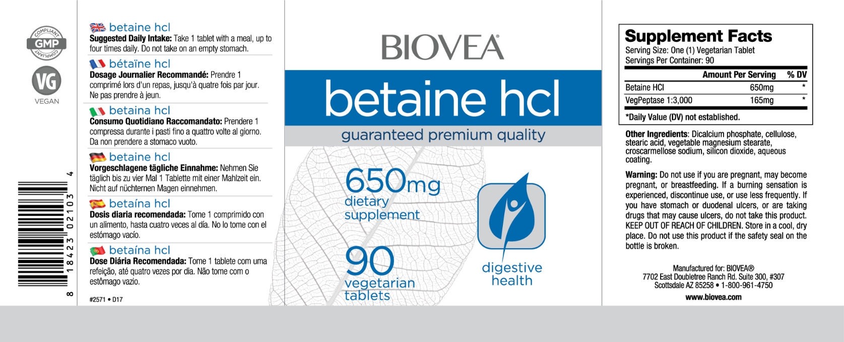 BIOVEA   BETAINE HCL 650 mg / 90 Tablets