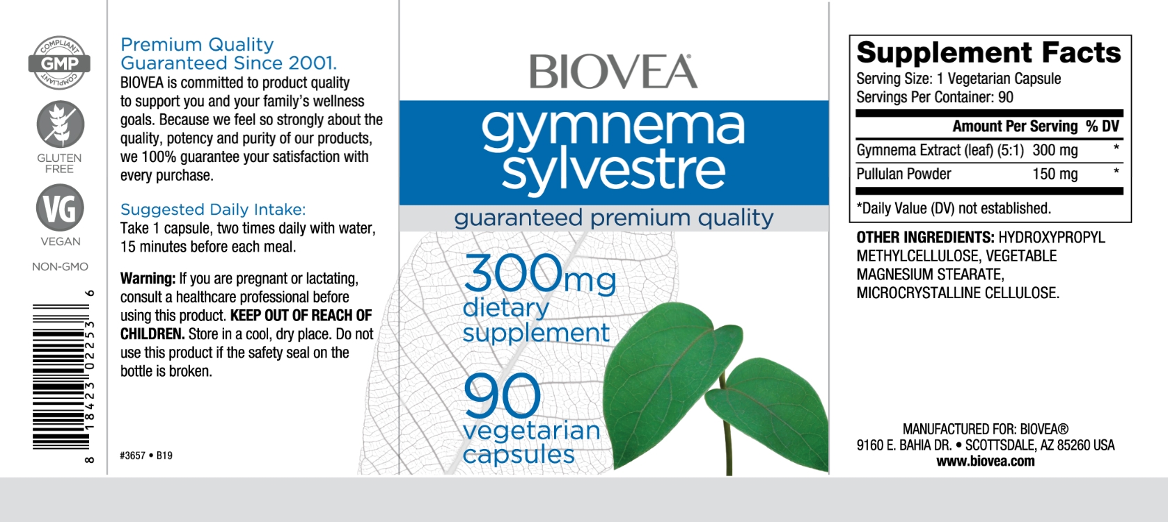 BIOVEA  GYMNEMA SYLVESTRE 300 mg / 90 Vegetarian Capsules