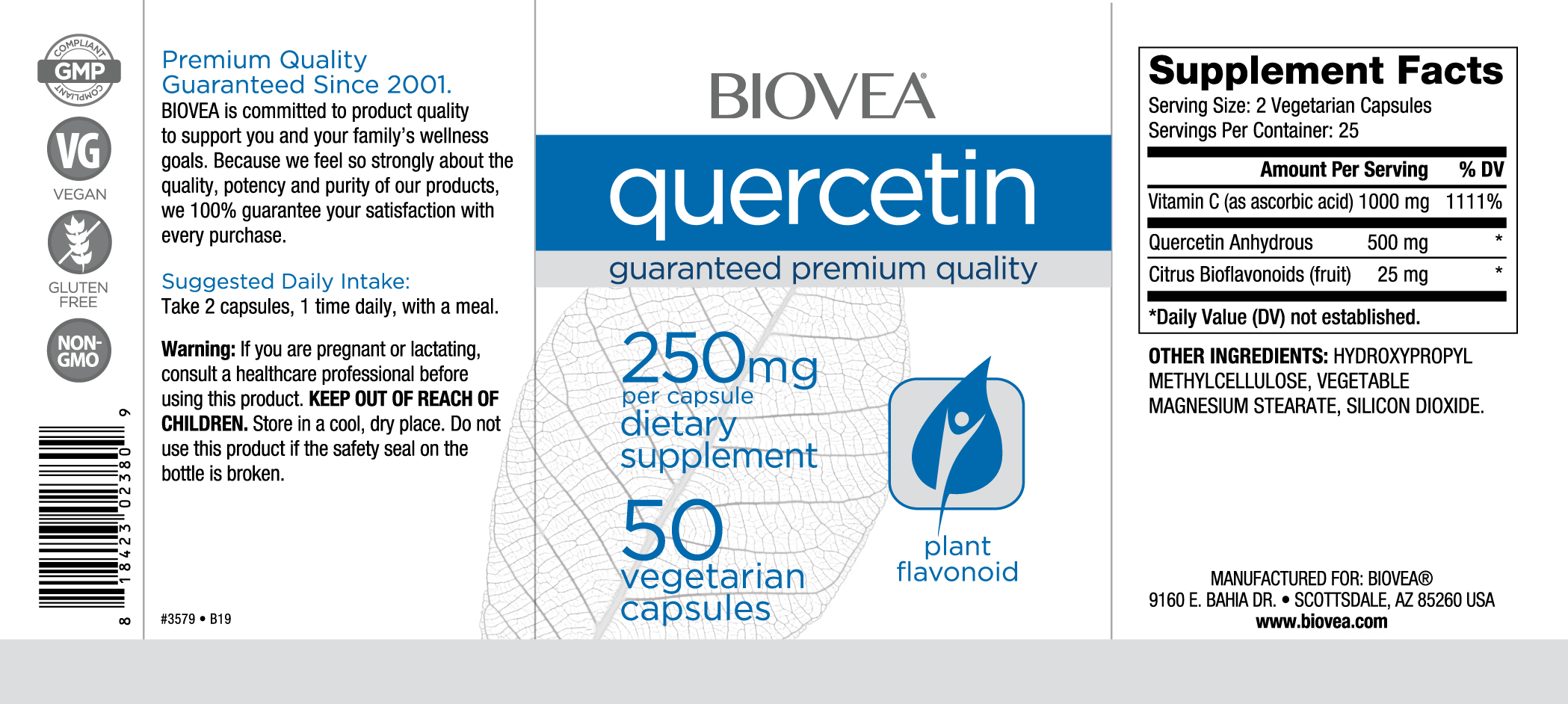 BIOVEA  QUERCETIN 250 mg (Plus Vitamin C+Citrus Bioflavonoids) / 50 Vegetarian Capsules