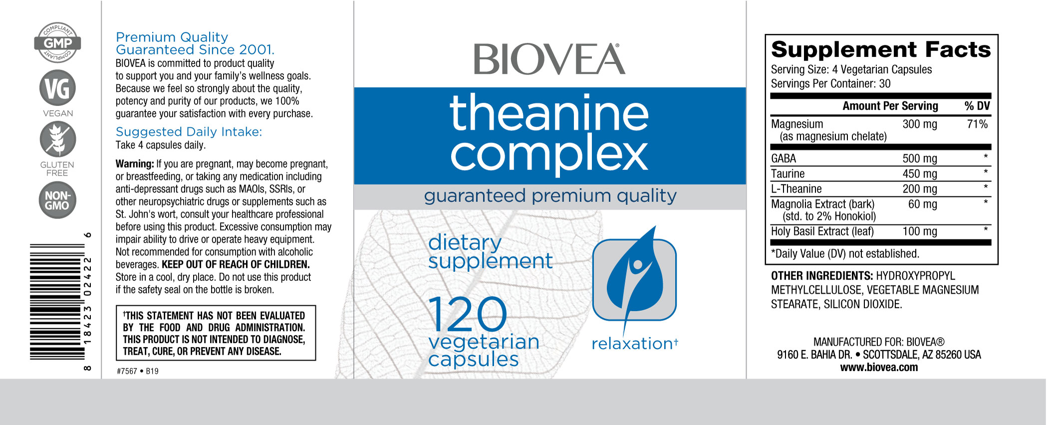 BIOVEA THEANINE COMPLEX / 120 Vegetarian Capsules