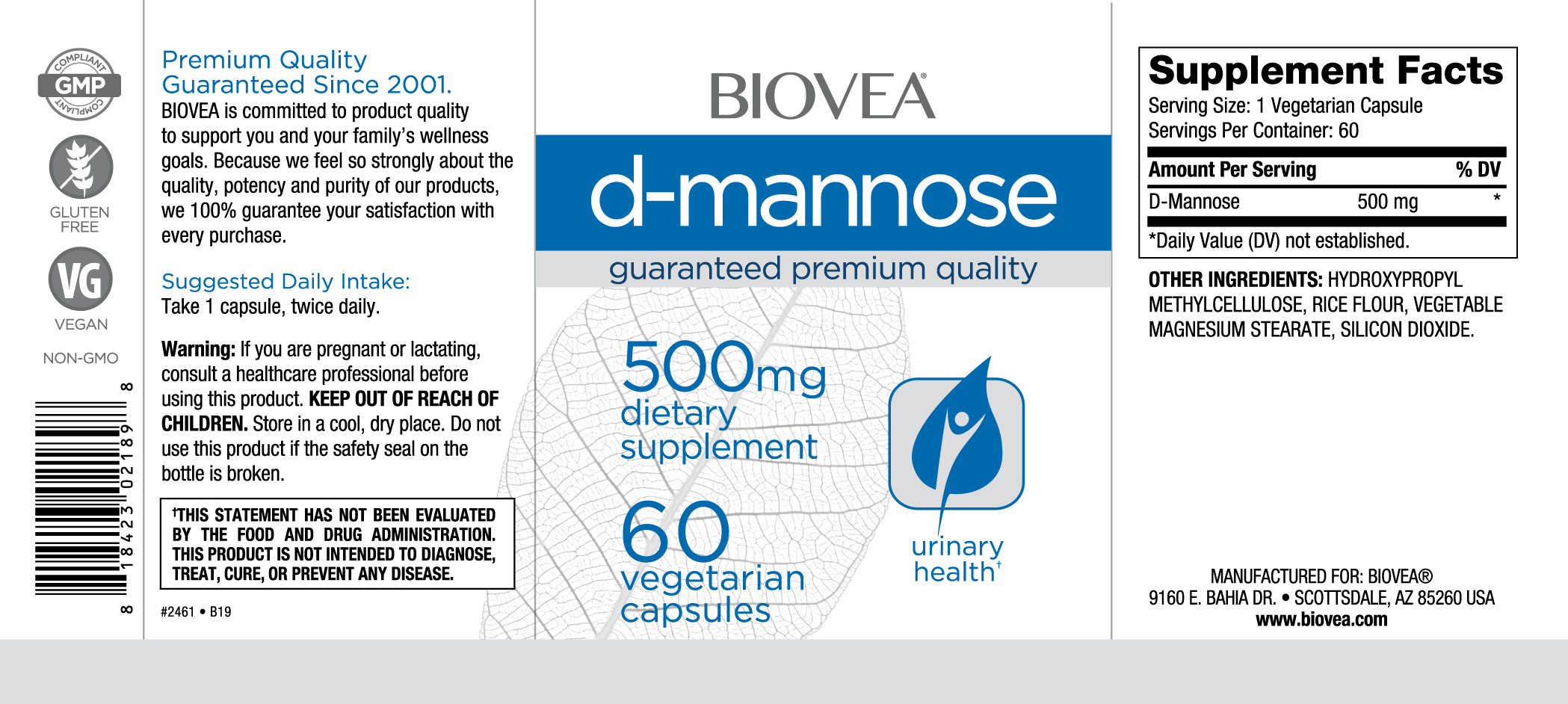 BIOVEA D-MANNOSE 500 mg / 60 Capsules