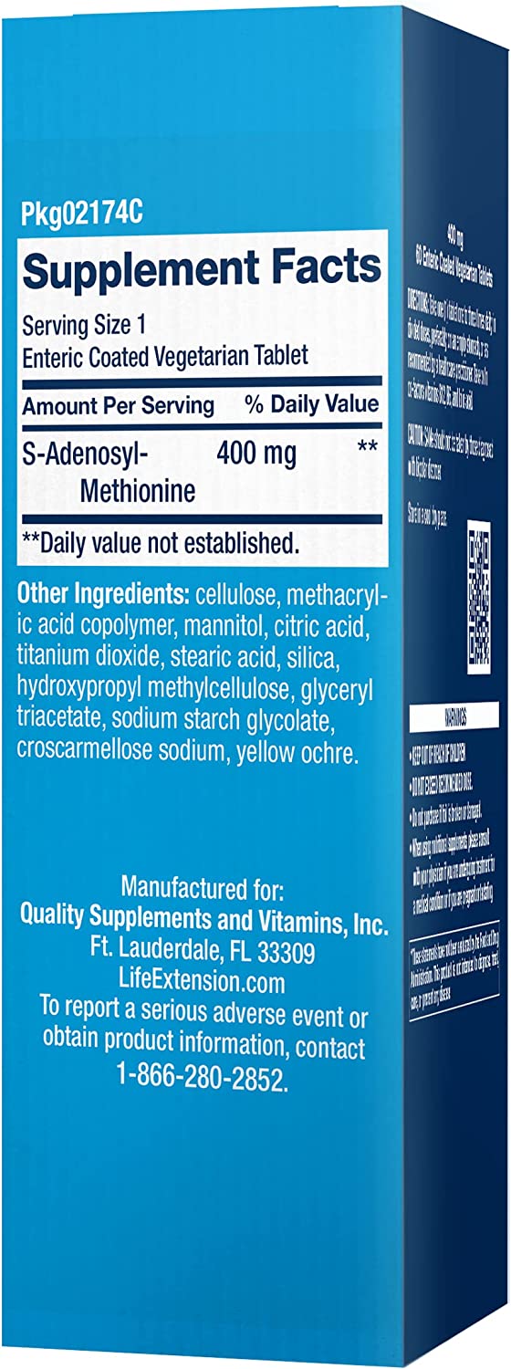 Life Extension  SAMe (S-Adenosyl-Methionine) 400 mg / 60 Enteric-Coated Vegetarian Tablets