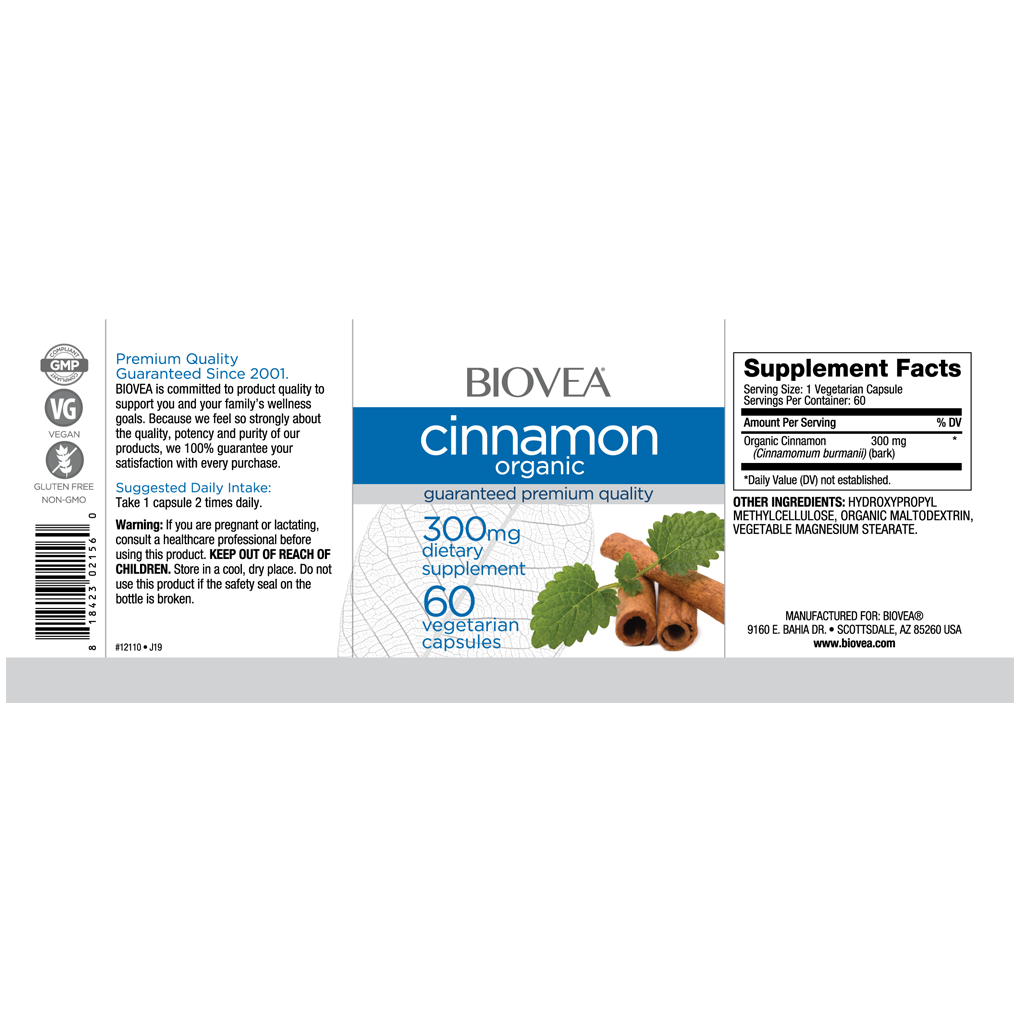 BIOVEA  CINNAMON (Organic) 300 mg / 60 Capsules