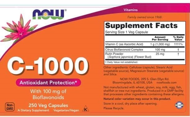 NOW Foods Vitamin C1000 Antioxidant Protection (Vitamin C Citrus Bioflavanoids Complex Rutin) / 250 Vegetable Capsules