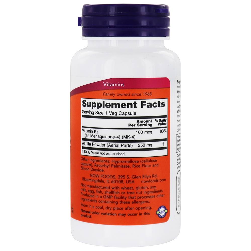 NOW Foods Vitamin K-2 100 mcg / 100 Vegi Caps [Vitamin K2 (as Menaquinone-4) (MK-4) + Alfalfa)]