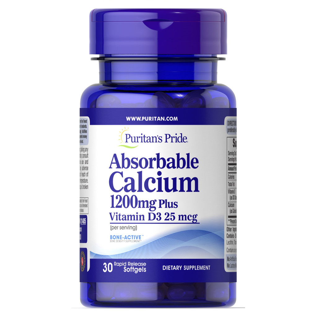 Puritan's Pride Absorbable Calcium 1200 mg Plus Vitamin D3 25 mcg (1,000 IU) Trial Size / 30 Softgels