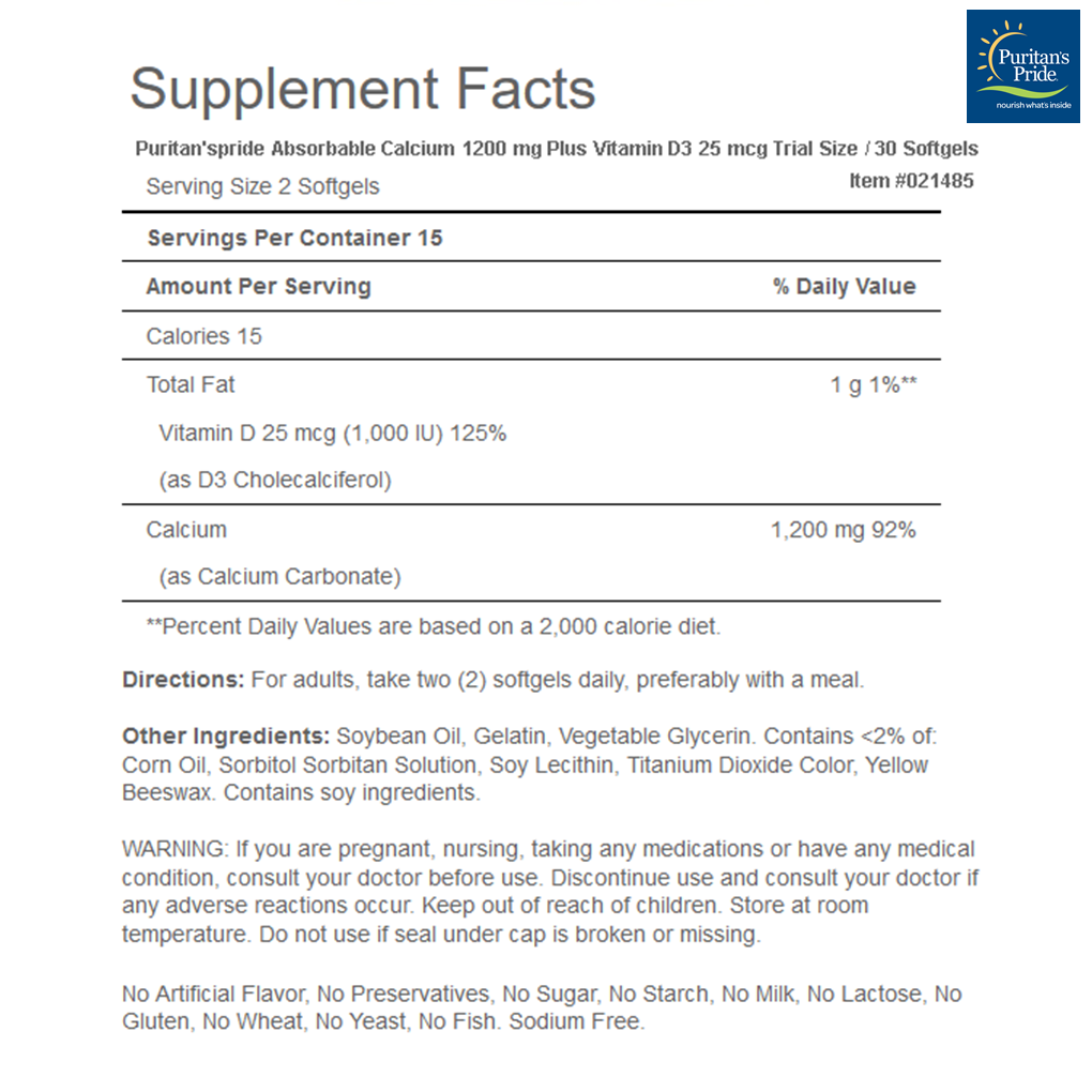 Puritan's Pride Absorbable Calcium 1200 mg Plus Vitamin D3 25 mcg (1,000 IU) Trial Size / 30 Softgels