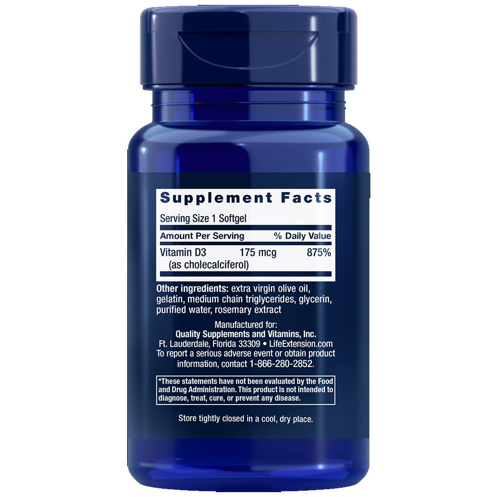 Life Extension  Vitamin D3  175 mcg (7000 IU) / 60 Softgels