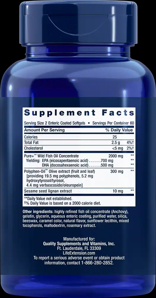 Life Extension Super Omega-3 EPA/DHA Fish Oil, Sesame Lignans & Olive Extract / 120 Enteric-Coated Softgels