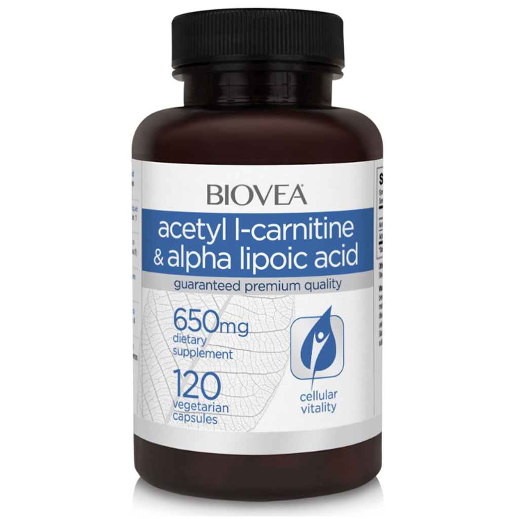 BIOVEA  ACETYL  L-CARNITINE & ALPHA LIPOIC ACID 650 mg / 120 Vegetarian Capsules