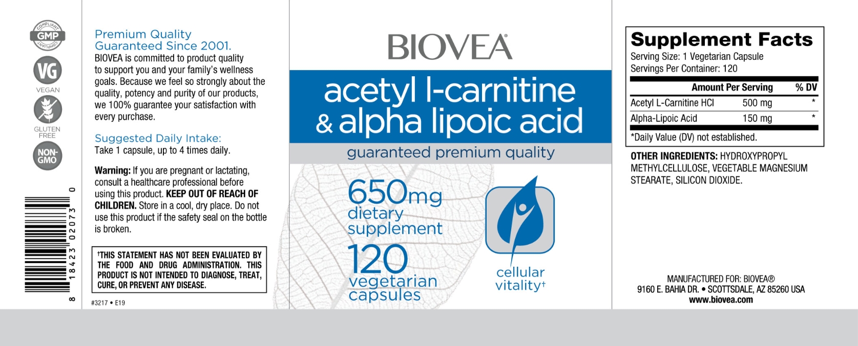 BIOVEA  ACETYL  L-CARNITINE & ALPHA LIPOIC ACID 650 mg / 120 Vegetarian Capsules