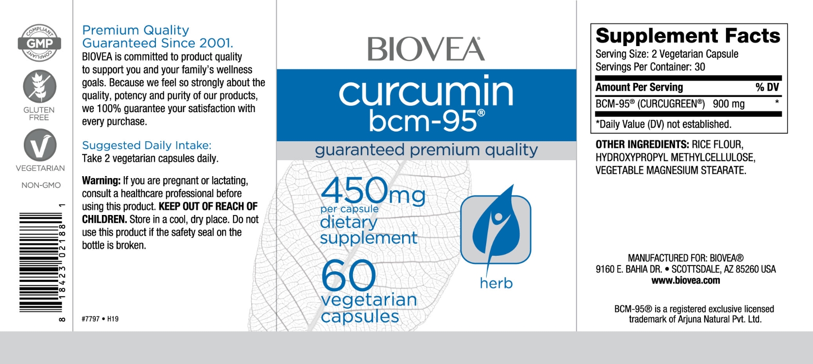 BIOVEA  CURCUMIN BCM-95 Turmeric Extract 450 mg / 60 Vegetarian Capsules