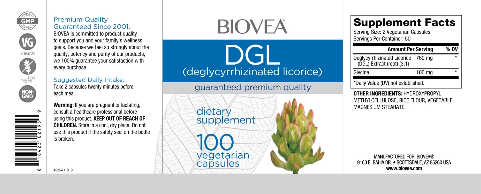 BIOVEA  DGL (De-Glycyrrhizinated Licorice) / 100 Vegetarian Capsules