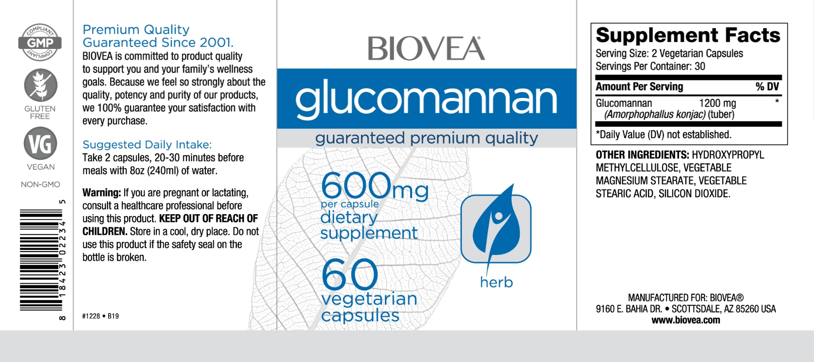 BIOVEA  GLUCOMANNAN 1200 mg / 60 Vegetarian Capsules
