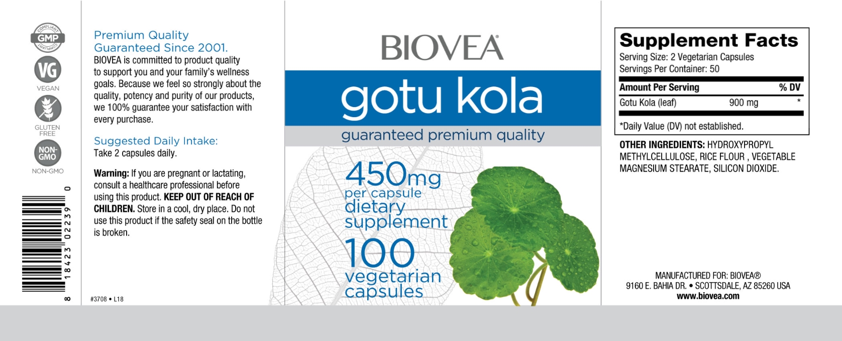 BIOVEA  GOTU KOLA 450 mg / 100 Vegetarian Capsules