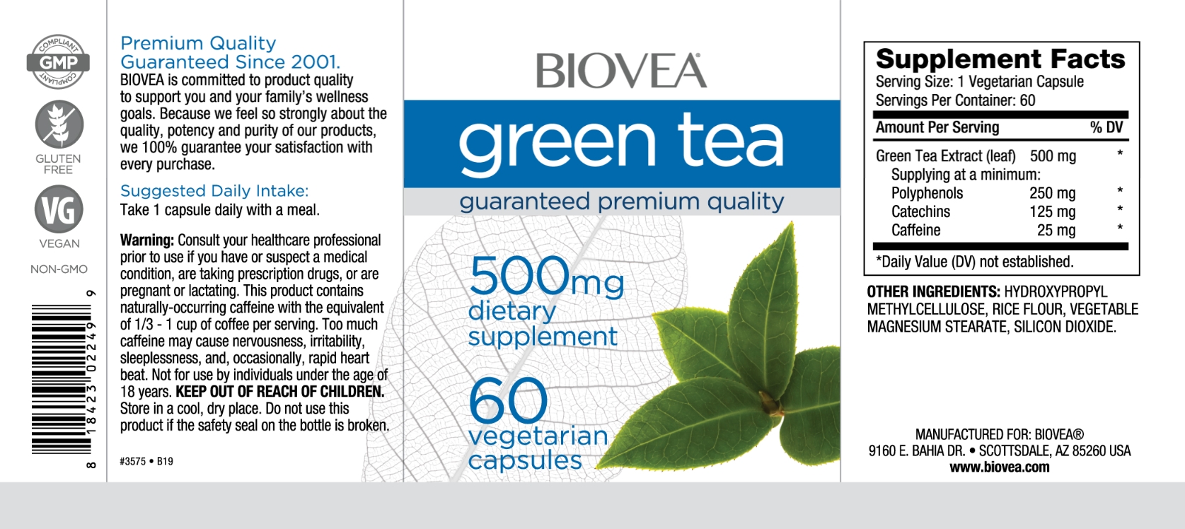 BIOVEA  GREEN TEA 500 mg / 60 Vegetarian Capsules