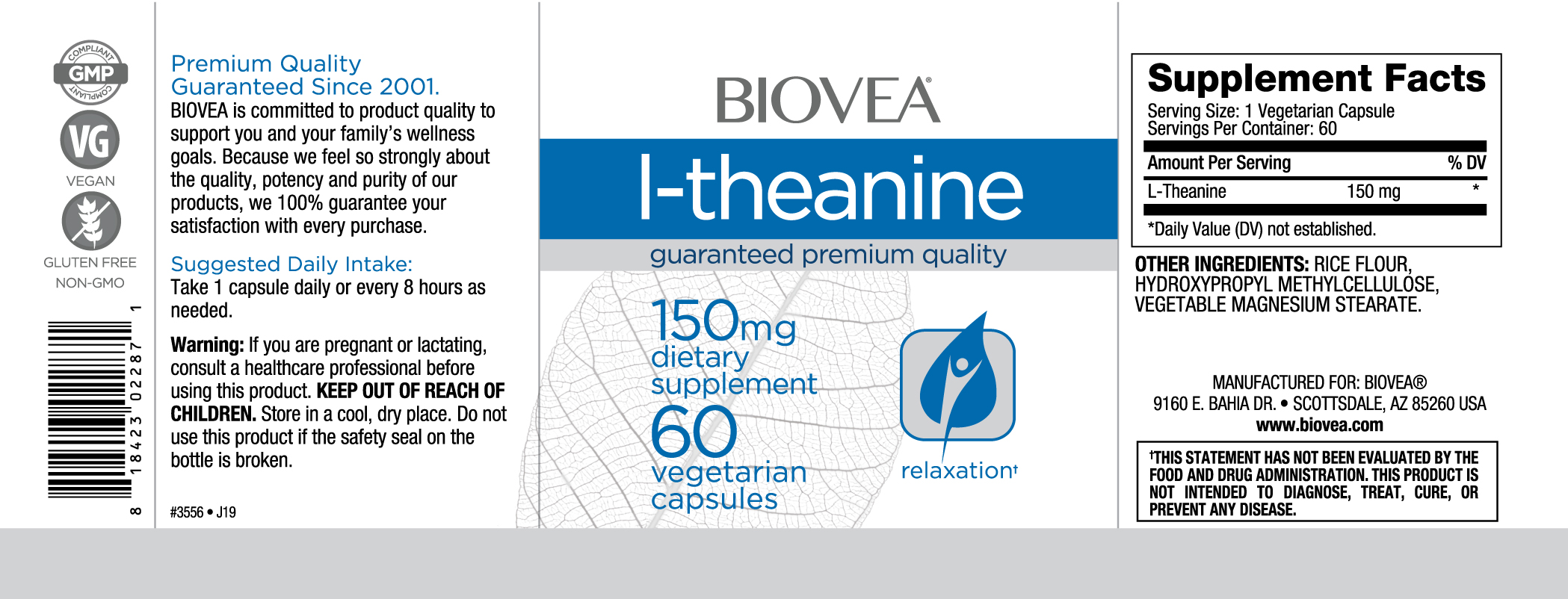 BIOVEA  L-THEANINE 150 mg / 60 Vegetarian Capsules