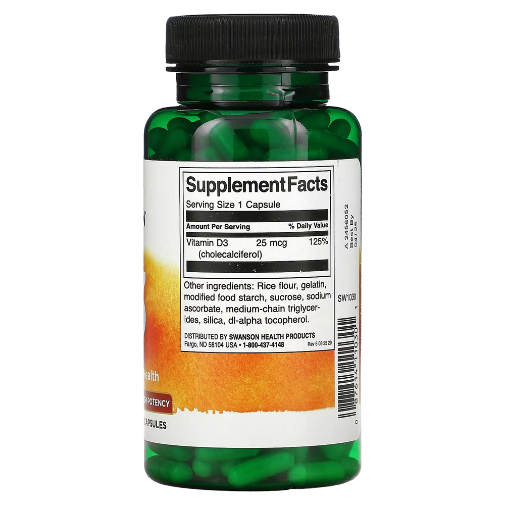 Swanson, Vitamin D3, High Potency, 25 mcg (1,000 IU) / 250 Capsules