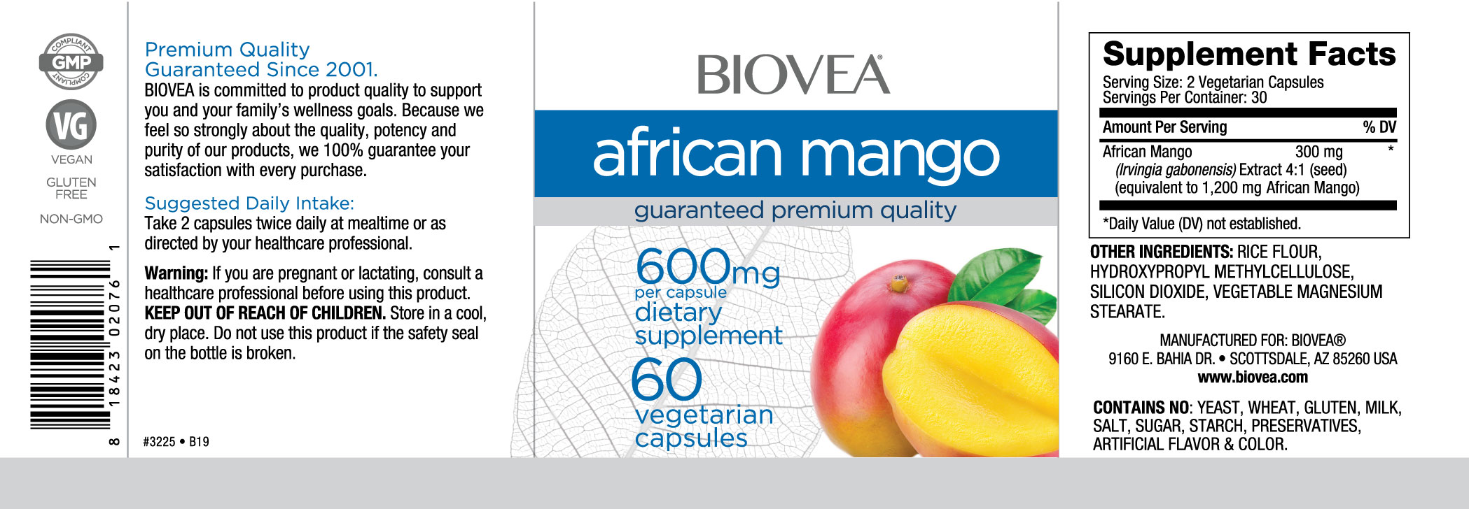 BIOVEA  AFRICAN MANGO 600 mg / 60 Vegetarian Capsules