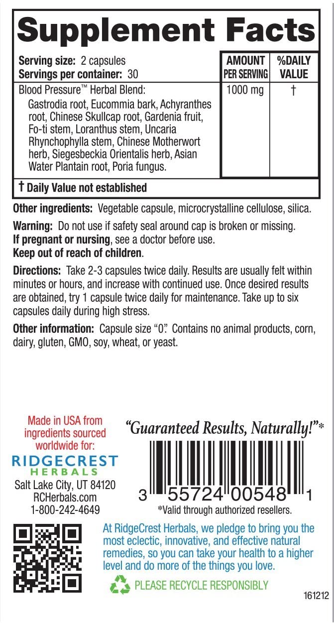 Ridgecrest Herbals Blood Pressure Formula / 60 Vegan Capsules