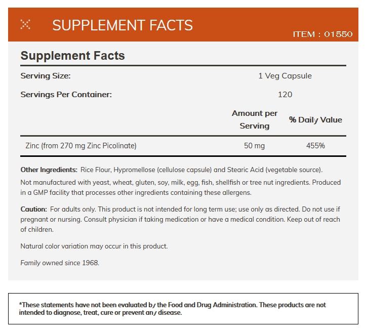 NOW Foods Zinc picolinate 50 mg. / 60 Veg Capsules